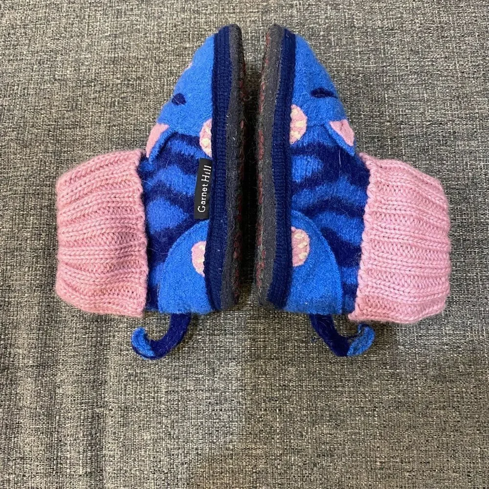 Garnet Hill Boiled Wool Blue Cat Slippers Kids Size 6